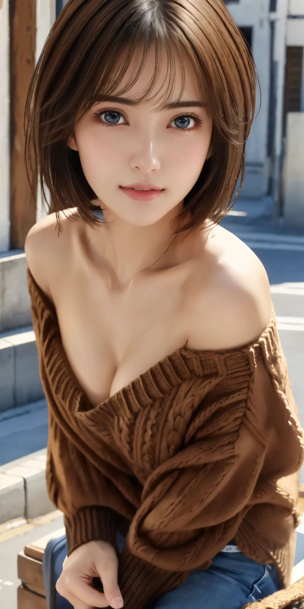 (highest quality, 8k, 32K, masterpiece, Hmm:1.2),Beautiful Japanese woman photo, Small breasts, nude,Very short bob hair,whole body,Face focus,Extra large_sweater, necklace, Simple Background, From above, Watching the audience,