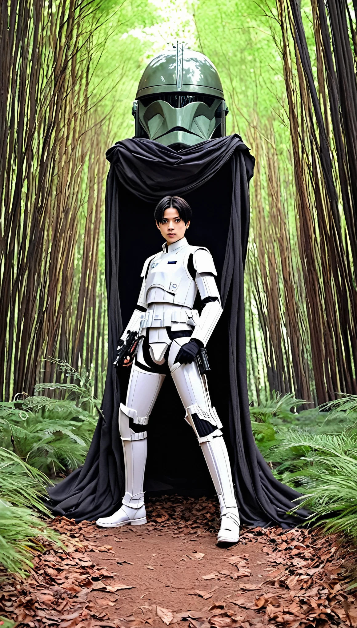 Levi ackerman  de shingeki no kioji derribando un trasporte acorazado de star wars en un bosque  con mucho arboles al rededor 