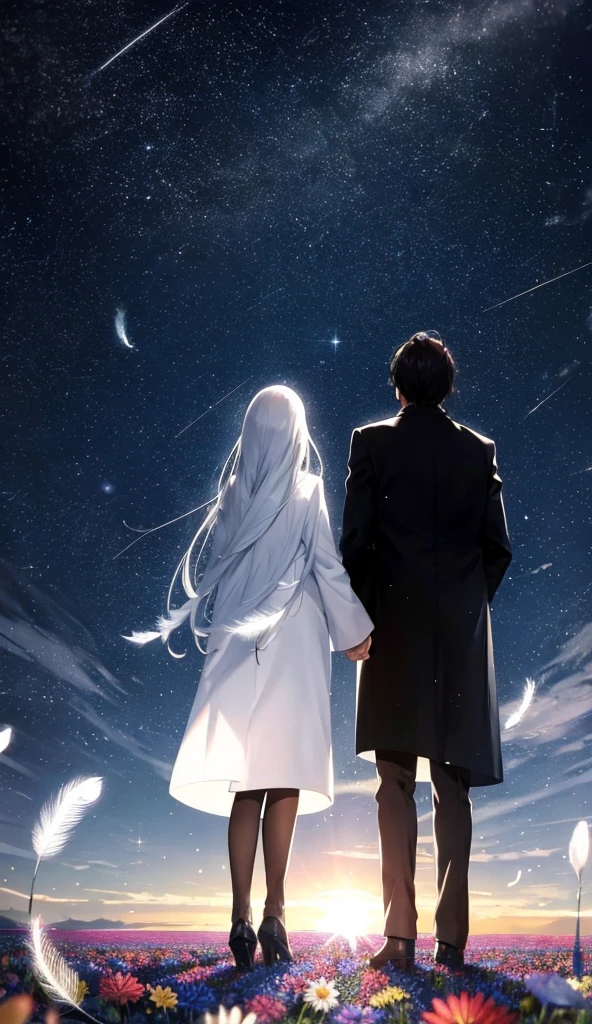 Starry Sky，Animated scene of a couple standing in a flower field,Back view，I can't see facial expressions，The man is wearing a long black coat，The woman is wearing a white long coat，Soaring white feathers，