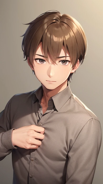 Man in his 30s,Light brown, short, neatly combed hair,Warm brown eyes,A gentle impression,Simple checked shirt,Grey color jeans,Visual novel cg,Fate-like anime style,Focus on the upper body