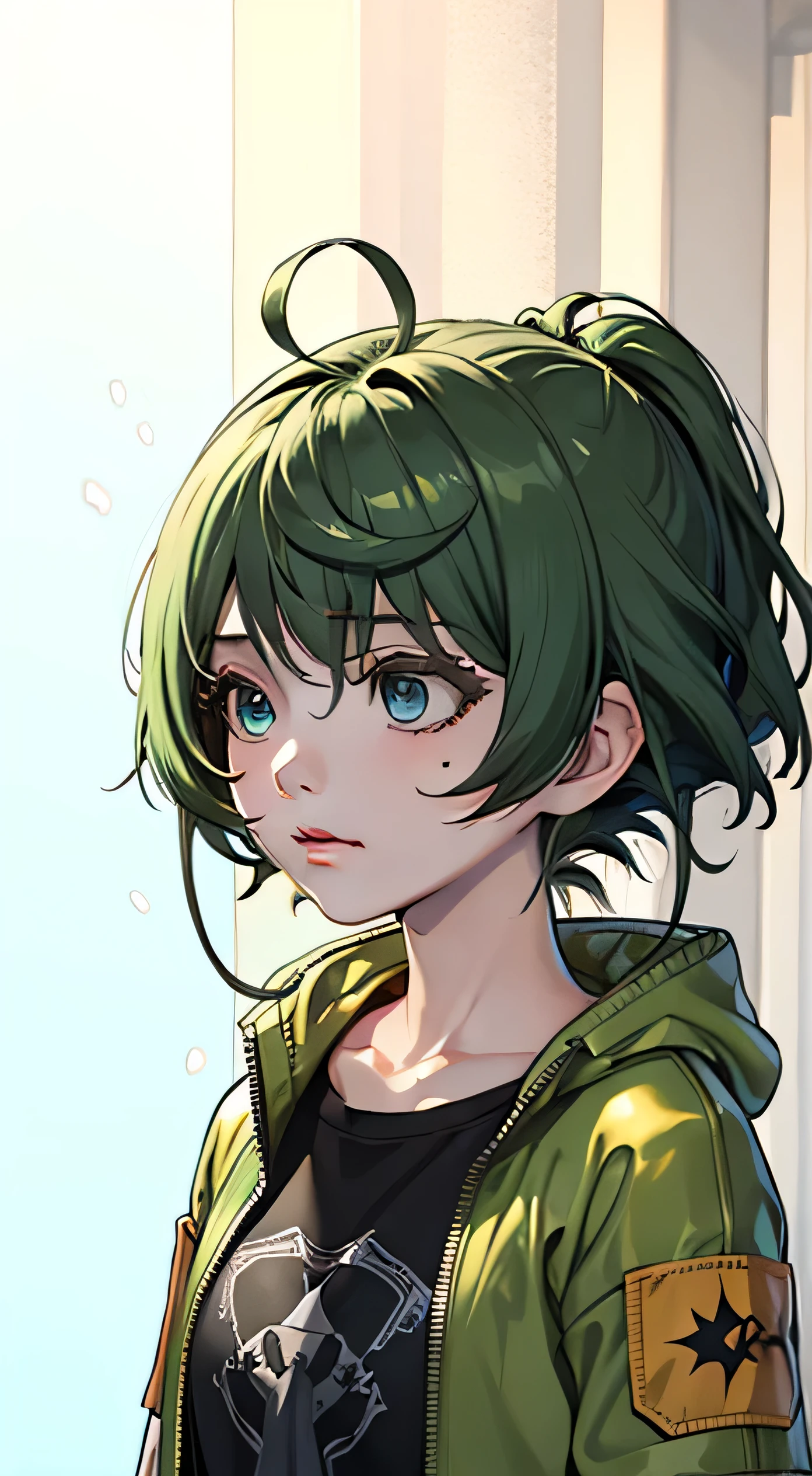 （masterpiece, best quality,8K,CG）,1girl,short hair, (black hair |green  hair)， rainbow color haircolorful hair，Gradual hair color，
(Transparent plastic jacket:1.2)，Black T-shirt,(simple background:1.2)   ,shiny, light particles, mole under eye, hair bobbles, big bubble, collarbone, hair ribbon, light particles, solar flare,