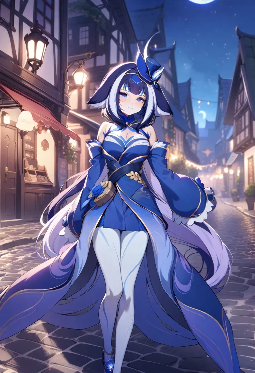 (shylily/(Twich/):1.5),(masterpiece:1.2),(best quality:1.2),1 Girl, Solitary, Cities and Towns, Cobblestone Road, night, new moon, Cowboys shoot BREAK fubukielegant, Blue coat, blue bow tie, Button-down corset, Collared shirt, Long skirt, Gray skirt, decorate, (White pantyhose:1.4), Mini, Top Hat, Headbands, braided ponytails,  Single side braiding, Ahog, Fox Tail,