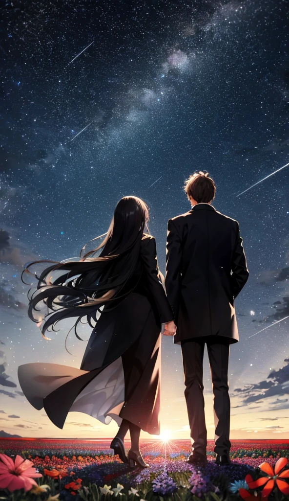 Starry Sky，Animated scene of a couple standing in a flower field,Back view，I can't see facial expressions，The man is wearing a long black coat，The woman is wearing a white long coat