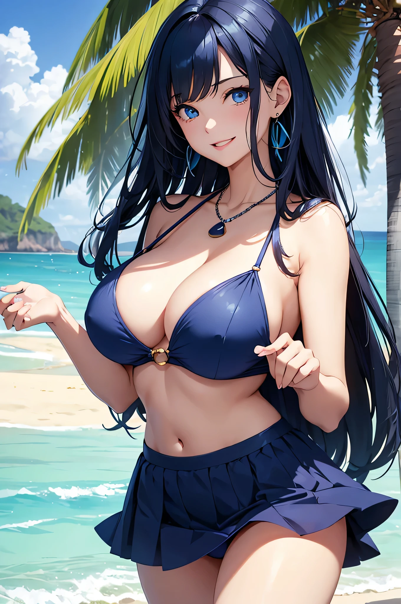 beautiful girl,Long dark blue hair ,blue eyes,Navy Blue Bikini、Big cleavage、(Big Breasts)、smile、blue necklace、Blue Earrings、background(Beach)、Sexy pose、Open your mouth wide、Navy Blue Skirt