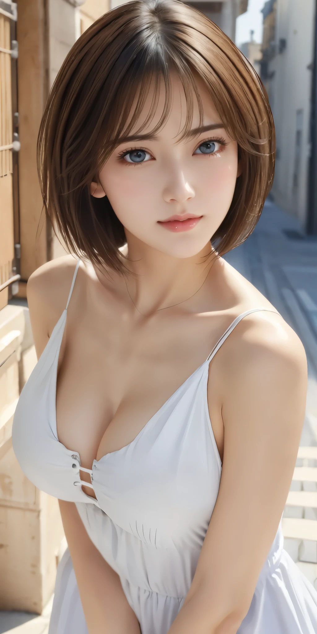 Photorealistic、highest quality、Highest quality、masterpiece、Ultra-high resolution、Raw photo、Realistic、Bright lighting、Face Light、Smooth Professional Lighting、Looking at the camera、alone、Adult women、Beautiful woman、Super Beauty、Realistic肌、Moisturized Skin、Realistic eyes and faces、Perfect model body shape、Beautiful Eyes、Big eyes、Inconspicuous tear bags、slim、Big Breasts、No bra、Beautiful fingers、Very short hair、Black Hair、black eye、seems to be happy、Cowboy Shot、(Both ears are hidden in the hair)、(((White camisole)))、Fantasy World、European cityscape