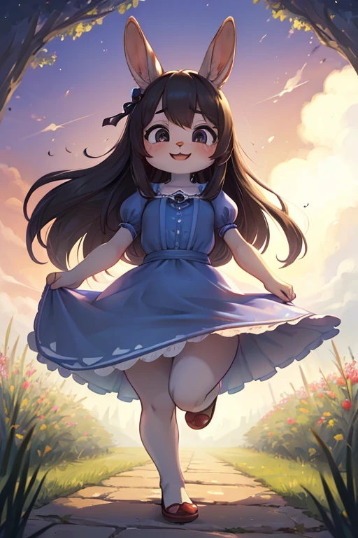 (Slapstick comedy run:1.5) , hairy rabbit mom , bare realistic hairy rabbit legs , round face , (tilt face:1.1) , (half-open eyes:1.2) , moist round eyes , Swollen cheeks , dark color hair , long hair , lively smile , glossy lips , light color gothic dress , world of Alice in Wonderland , Hair fluttering in the wind , (with Characters from Alice in Wonderland)