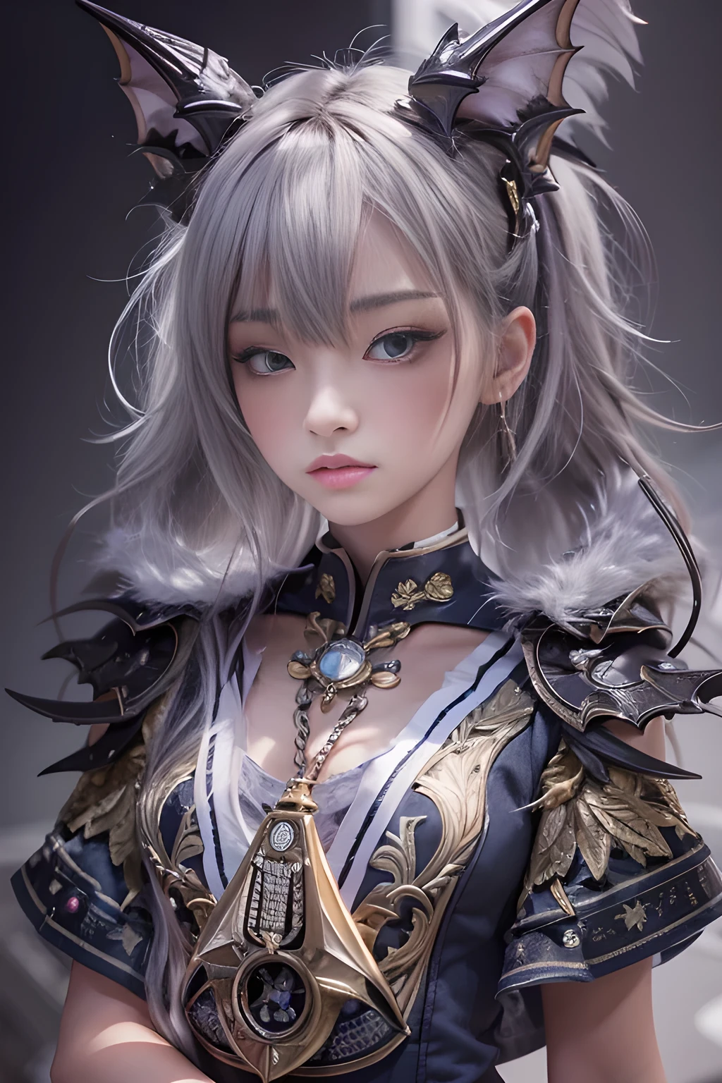 masterpiece、highest quality、8k、Extremely realistic 3D rendering、cool、Sharp Eye、Slit eyes、tooth、Double teeth、Japanese women、Very beautiful face、Sailor suit、student、Dark Skin、Gray Hair、short hair、gloss々Texture、Large bat wings、Extremely intricate details、Professional Lighting、Sexy pose