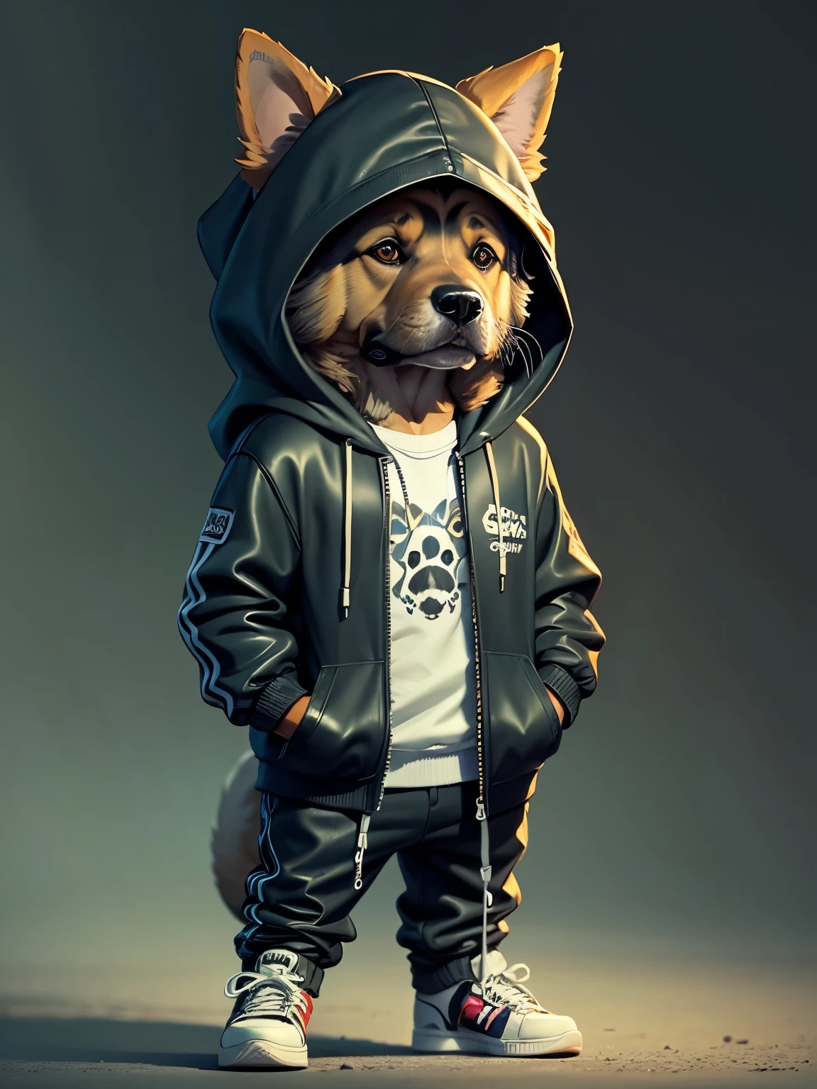 c4tt4stic, Cartoon dog breed German Shepherd in a hoodie, leather pants, headphones and sneakers