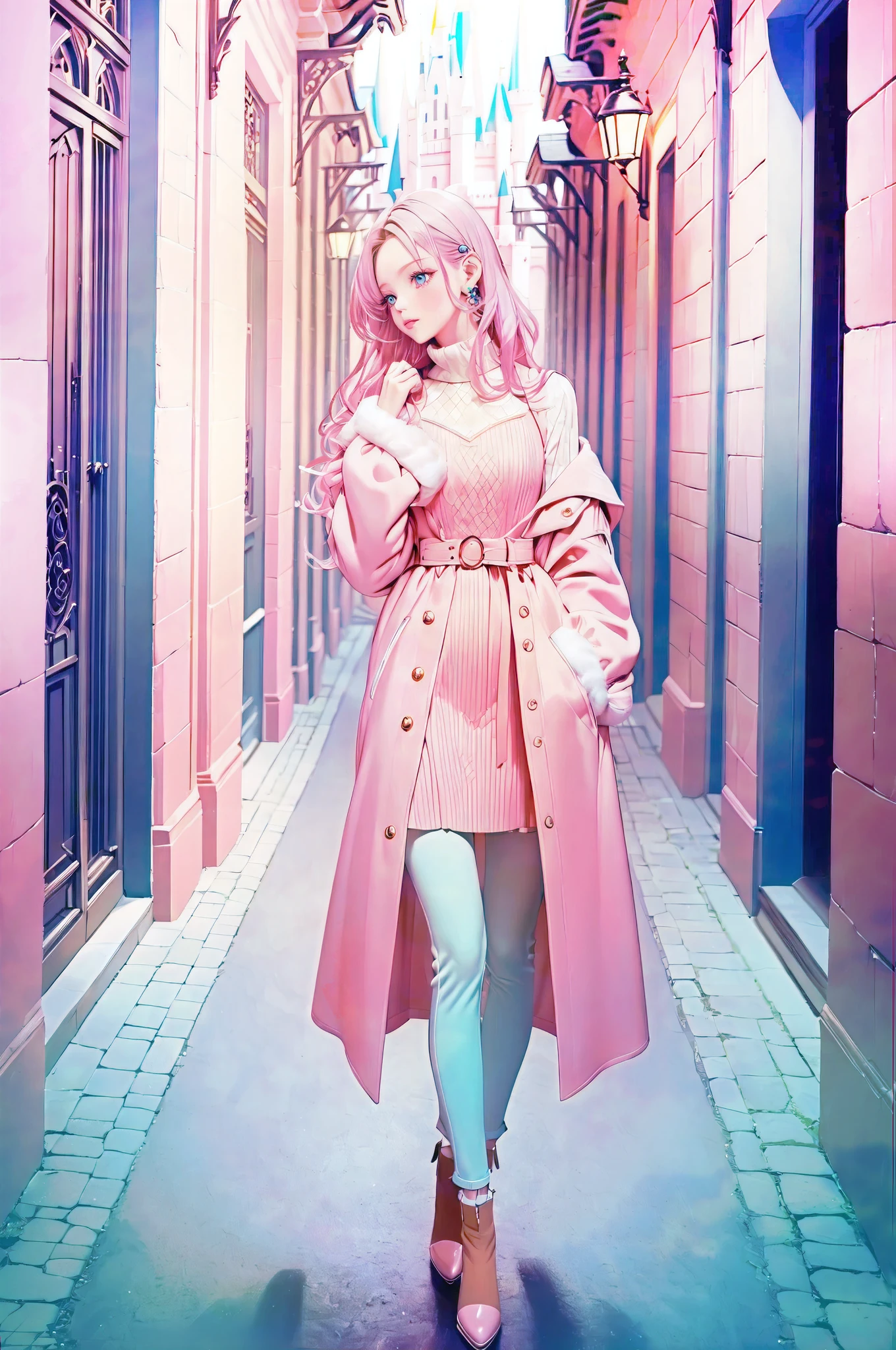 Hanging the camera,Clear details,真实感,Virtual anchor image,Big Beautiful,Long pale pink hair,Lilac hat,Thick pink lilac coat,pale pink sweater,Short blue skirt,Black camera,Brown snow boots,Delicate facial features,laughingly,big breasts beautiful,Biye