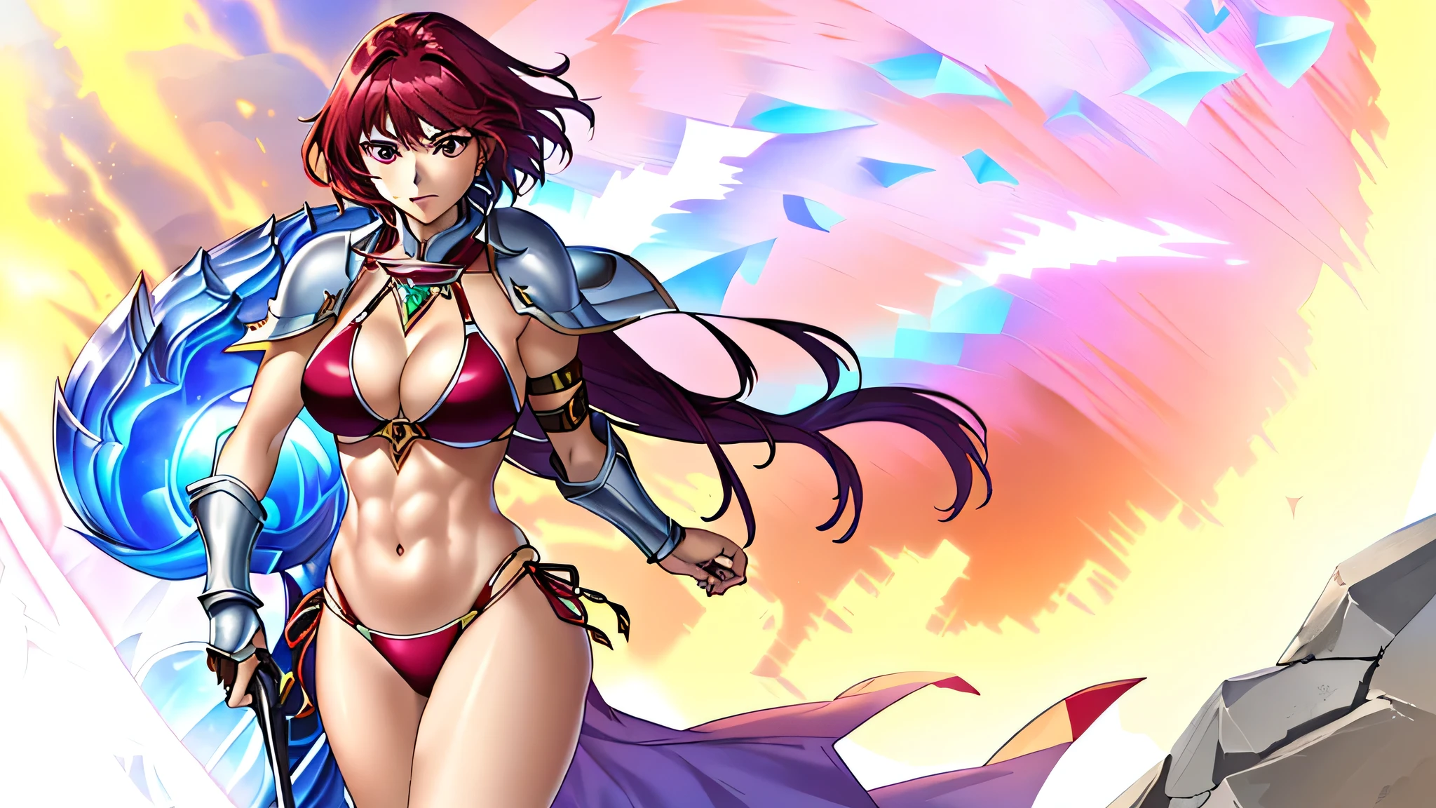 Close-up of a woman in a black bikini outfit holding a sword, Knight of the Zodiac Girl, Portrait of the Zodiac Girl Knight, Woman with short red hair, Brown eyed woman, Muscular Woman, Feminine and muscular, In garnet armor, Bikini Armor Girl, Woman in belly button costume, Big Breasts, had very large breasts, , Enchanting Princess Night, Smooth anime CG art, Princess Night, Galaxy Princess, Big muscles, armored bikini, in a triangle bikini bottom, Prince of Garnet, Garnet reflective armor, armored bikini top, Crystal Garnet Armor, bikini bottom with an black, Digital Manga Art, shoulders plate, High quality anime art style,