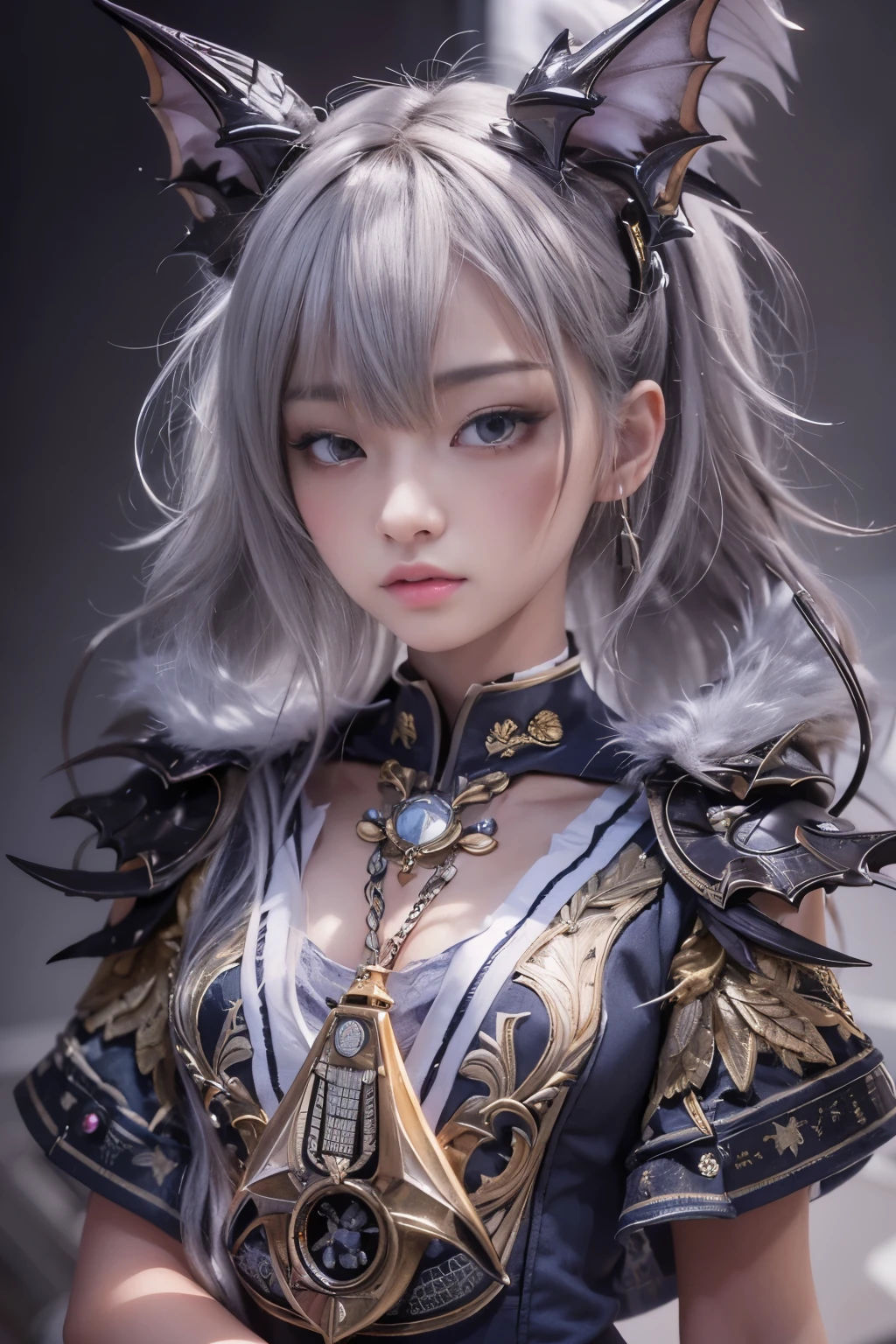 masterpiece、highest quality、8k、Extremely realistic 3D rendering、cool、Sharp Eye、Slit eyes、tooth、Double teeth、Japanese women、Very beautiful face、Sailor suit、student、Dark Skin、Gray Hair、short hair、gloss々Texture、Large bat wings、Extremely intricate details、Professional Lighting、Sexy pose