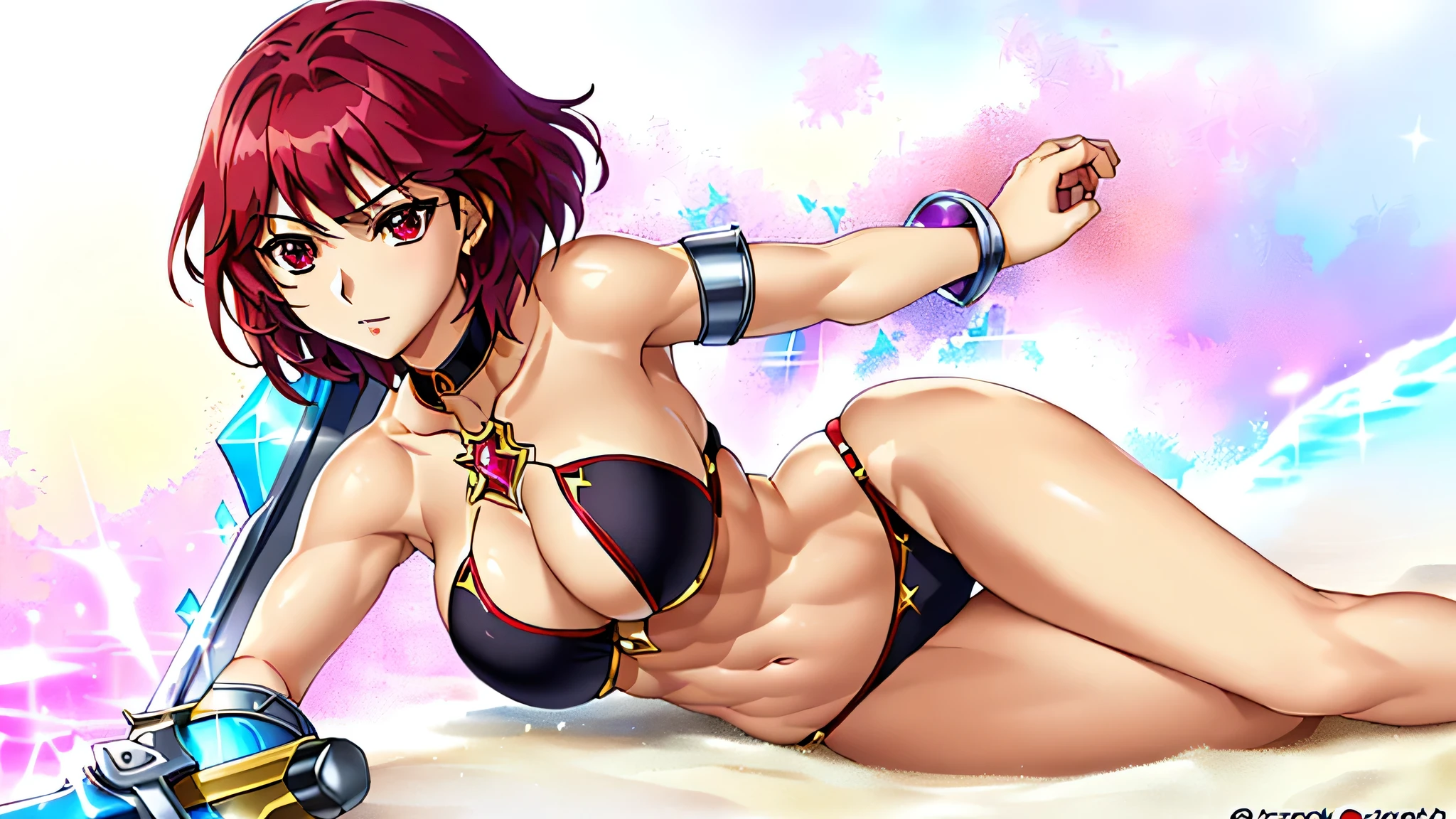 Close-up of a woman in a black bikini outfit holding a sword, Knight of the Zodiac Girl, Portrait of the Zodiac Girl Knight, Woman with short red hair, Brown eyed woman, Muscular Woman, Feminine and muscular, In garnet armor, Bikini Armor Girl, Woman in belly button costume, Big Breasts, had very large breasts, , Enchanting Princess Night, Smooth anime CG art, Princess Night, Galaxy Princess, Big muscles, armored bikini, in a triangle bikini bottom, Prince of Garnet, Garnet reflective armor, armored bikini top, Crystal Garnet Armor, bikini bottom with an black, Digital Manga Art, shoulders plate, High quality anime art style,