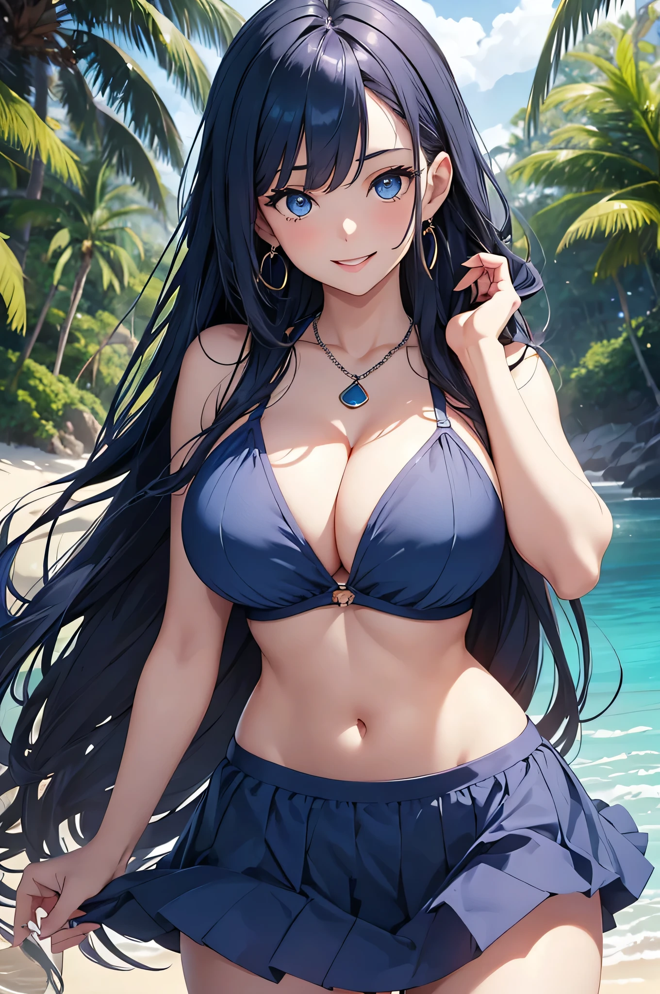 beautiful girl,Long dark blue hair ,blue eyes,Navy Blue Bikini、Big cleavage、(Big Breasts)、smile、blue necklace、Blue Earrings、background(Beach)、Sexy pose、Open your mouth wide、Navy Blue Skirt