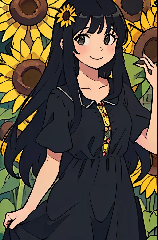 Perfect anime illustration of a girl having long black hair with bangs, posing with flowers in background, sunflowers, beautiful ,smiling ,wearing a dress