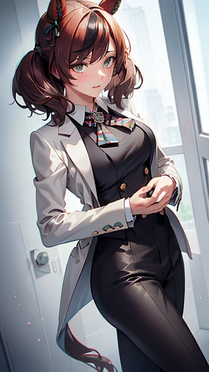 ((masterpiece)), (textured skin), ((high details)), best quality, award winning, 8k, nicenature, ((beautiful woman)), beautiful lady in male clothing, gray suit, tie, white shirt, (three-piece suit), British gentleman style, classic style, black hair, straight hair, swept bangs