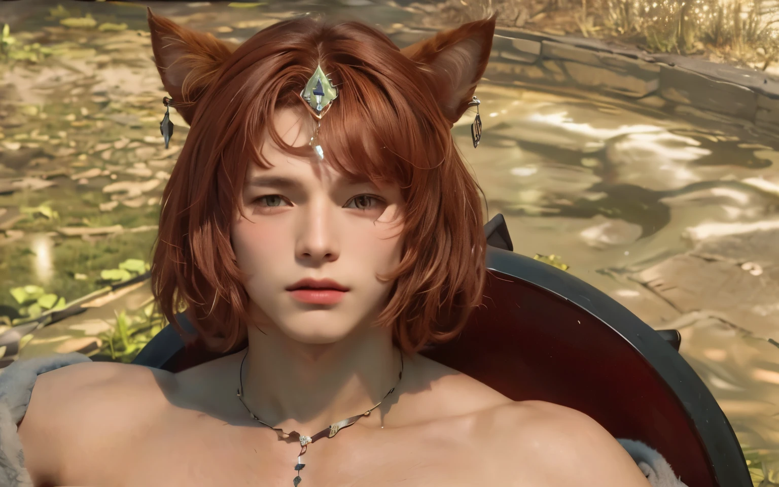 feminine looking catboy femboy with dark reddish brown hair, looking up. He has a tiara, a necklace, and a shield on his back. He has furry cat ears which have earrings hanging from the tips. there is grass in the background