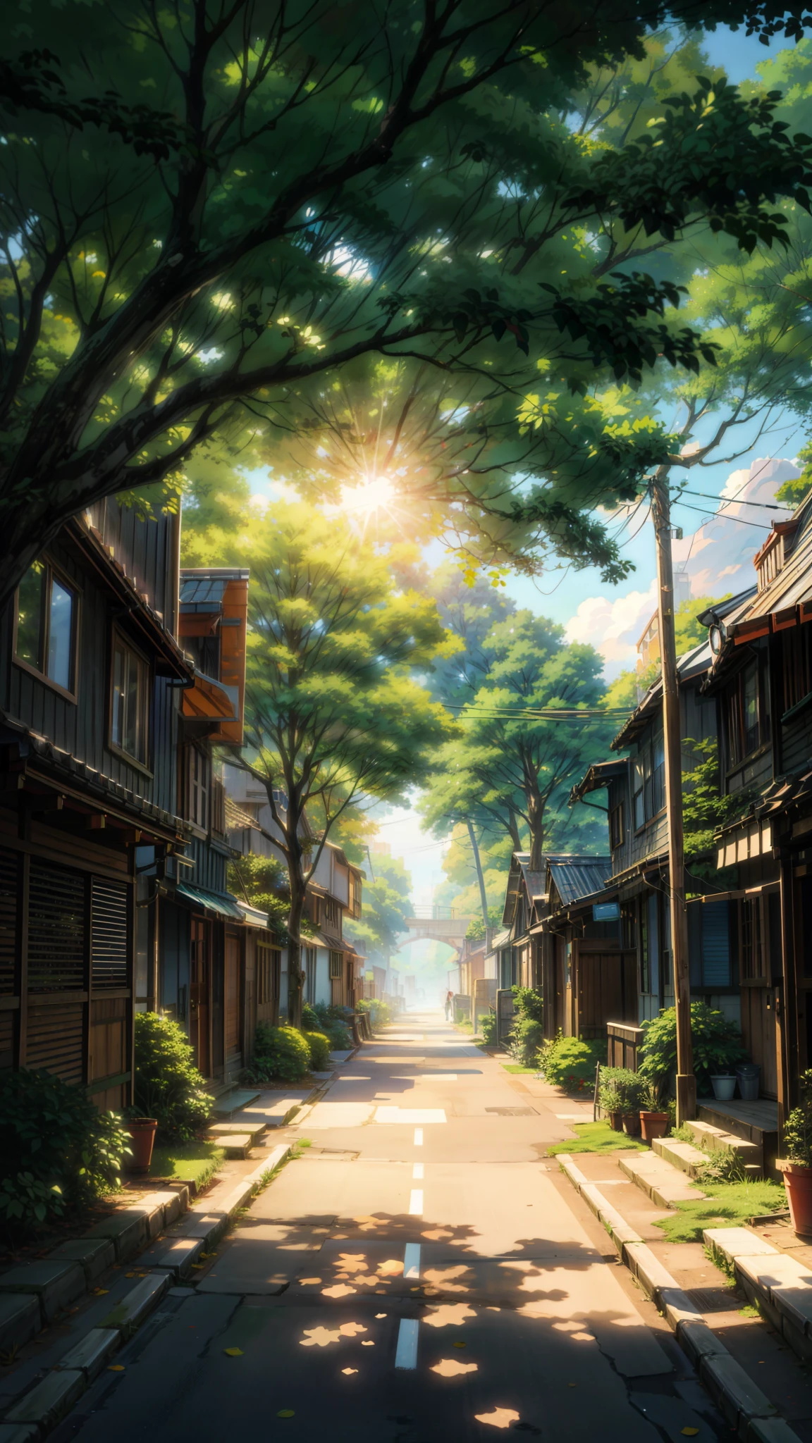 painting of the sun shines through the leaves of a tree, town, wall, makoto shinkai. high detail, overgrowth. by makoto shinkai, cgsociety 9, reflections. by makoto shinkai, makoto shinkai and (cain kuga), octane render. by makoto shinkai, 2. 5 d cgi anime fantasy artwork, anime. by makoto shinkai, chillhop, cozy home background, 4k professional painting, game, detailed key anime art, illustation, a beautiful artwork illustration, beautiful digital painting, highly detailed digital painting, beautiful digital artwork, detailed painting 4 k, very detailed digital painting, rich picturesque colors, gorgeous digital painting