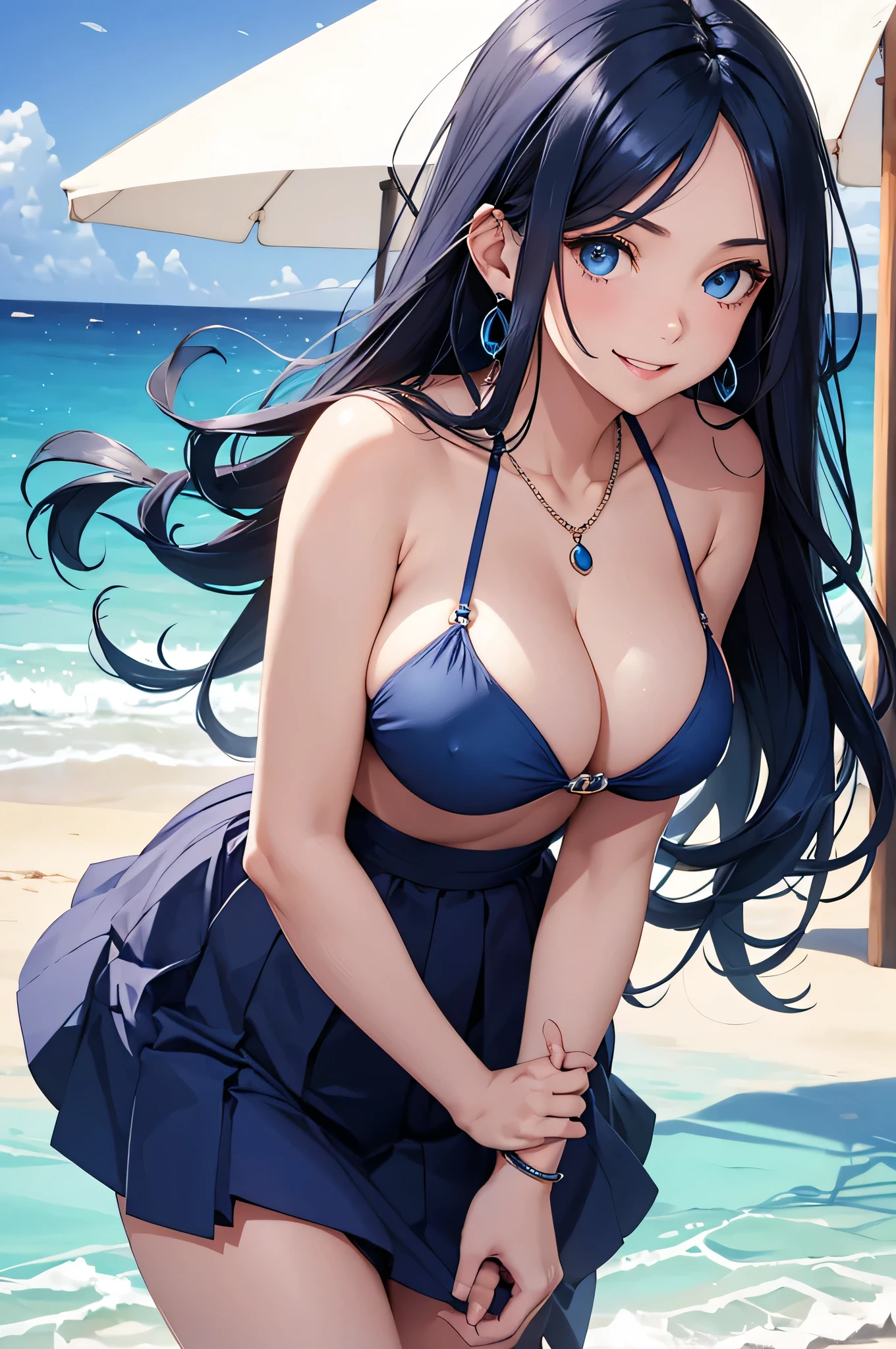 beautiful girl,Long dark blue hair ,blue eyes,Navy Blue Bikini、Big cleavage、(Big Breasts)、smile、blue necklace、Blue Earrings、background(Beach)、Sexy pose、Open your mouth wide、Navy Blue Skirt