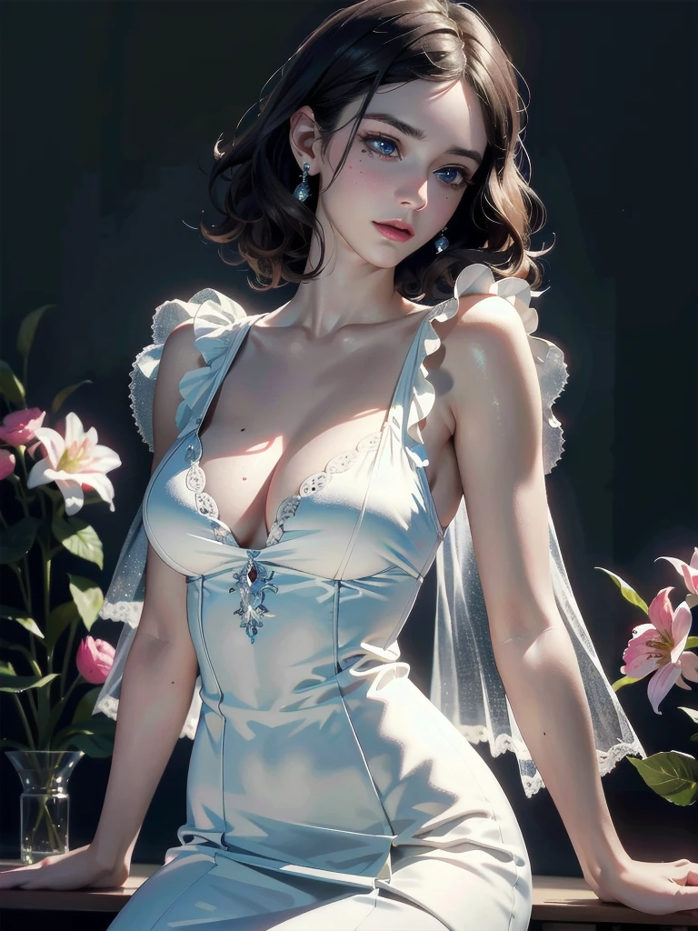 absurdres, RAW photo, extremely delicate and beautiful, masterpiece, Best Quality, ultra high resolution, 32k, hyperrealistic, ultra-detailed, detailed description, pale skin, 20 years old, detailed beautiful face and eyes, tearful mole, earring, Colossal tits, short medium hair, wavy hair, full body shot, alone, Victorian, dress,