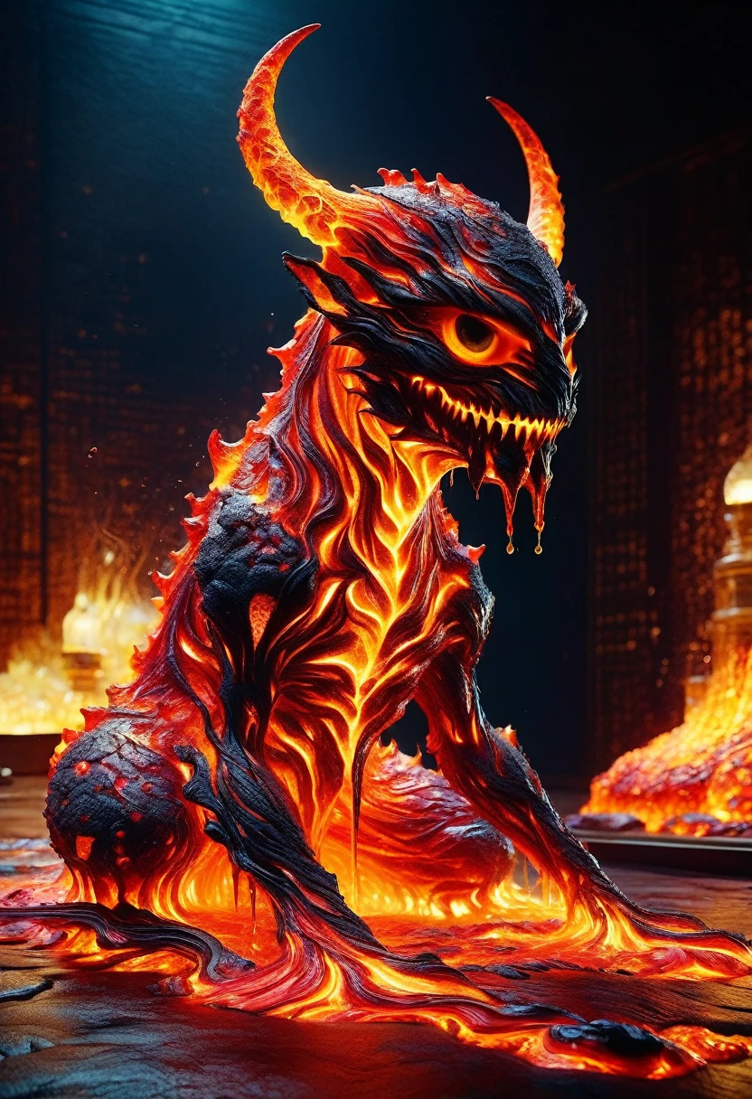 Lava Demon, ral-lava, LavaRay, Demon made entirely of lava, Close-Up Microportrait: "Cute Baby Burning Crystal Magma Demon Hatchling: Glowing Lava Droplets"- "(Lamp Inferno)": Telephotography by Stephen Gammell - Gabriel Pacheco - Naoto Hattori - Joan Miró - Russ Mills - Minjae Lee - Chalida Mingmalee - Gustave Doré - Anna Dittmann - Jordan Grimmer - Dianne Briggs - Jasmine Becket-Griffith - Karol Bak - Tim Burton