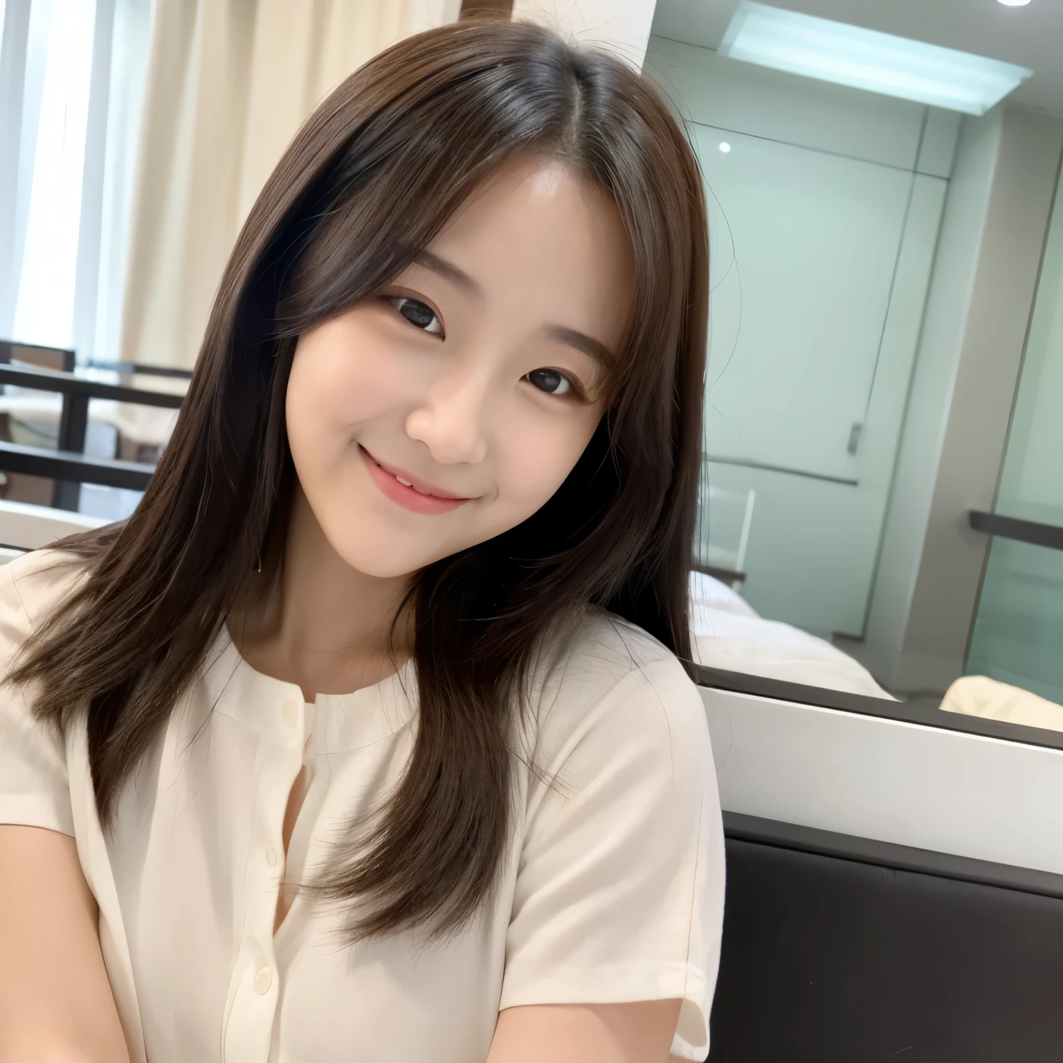 A smiling girl with a slightly larger figure, a round face and large double eyelids.