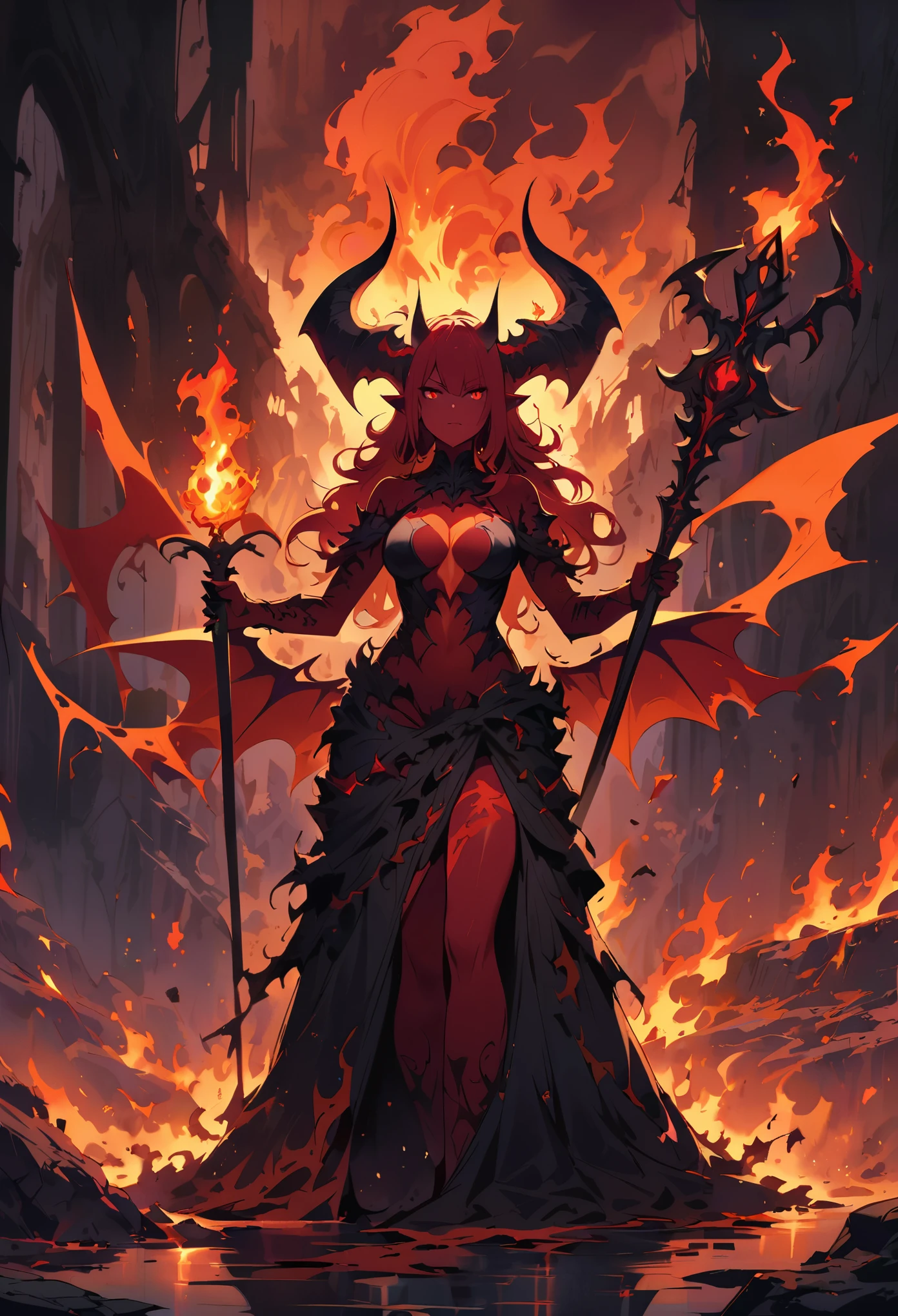 female Lava Demon,dark fantasy setting,red eyes,fiery Devil Wings,sharp horns,red Lava skin,ominous atmosphere,smoke and fire swirling around,Holding the Flame Sword,casting shadows, intense heat,crumbling ruins,Standing on the melting lava river,gloomy lighting,red and orange color palette,steaming hotness,consuming darkness,otherworldly power