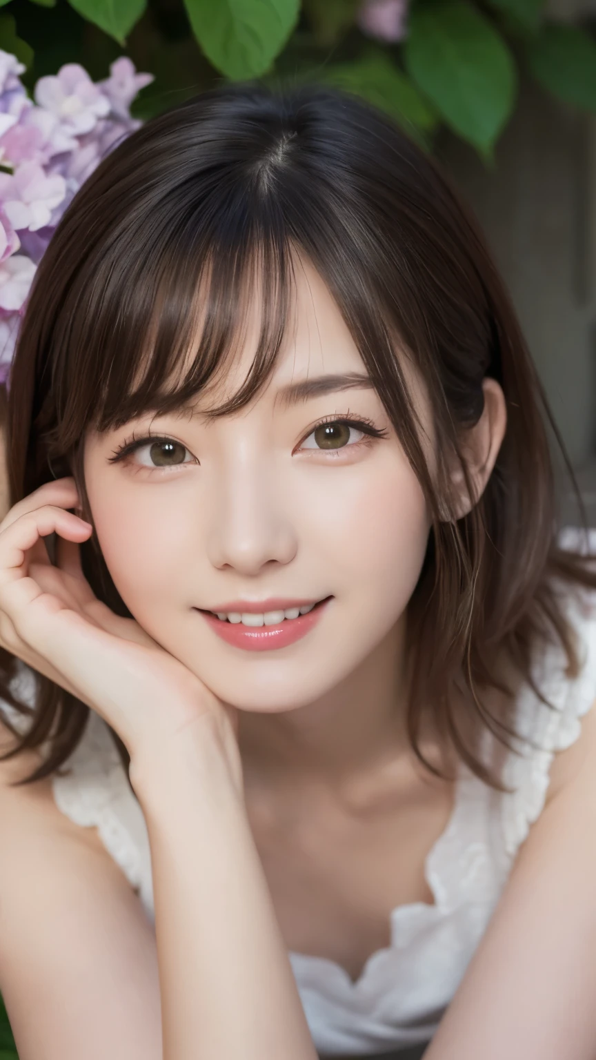 top-quality,fullbody shot,,super high resolution,(Realistic:1.4),Raw photography, 

masutepiece, best, Night, fullmoon, 1 female, Mature Woman, Chinese style, Ancient China, Older sister, Royal sister, Smile, dark brown hair, Dark hair, Princess Cut, braid, Curly hair, Double ball head, pale pink lips, Calm, Intellectual, Medium Hair, green pupils, Hairpin, hydrangeas, Delicate face,  Hand close-up,random cute pose