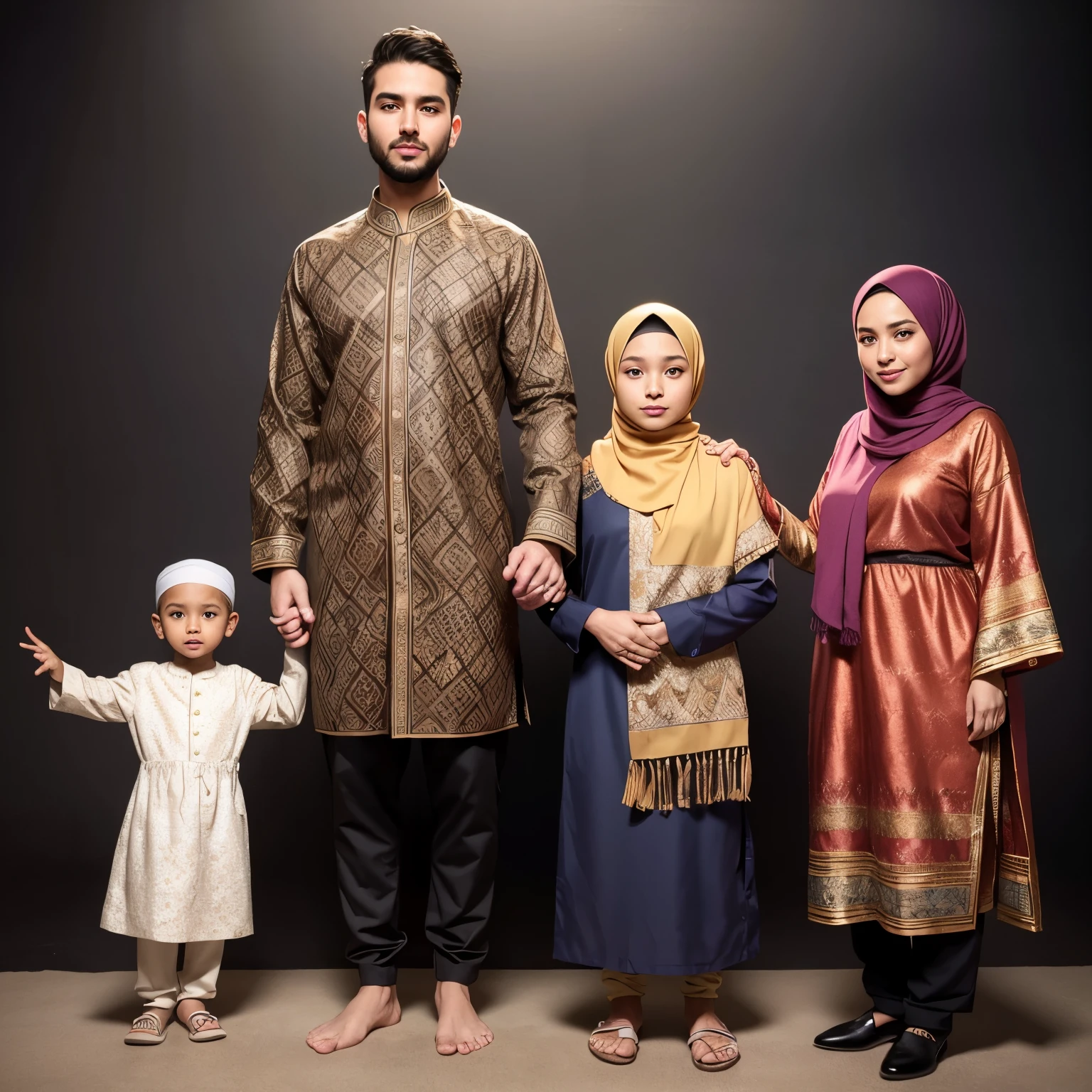 Best quality, high resolution, Masterpiece: 1.3), Family portrait in a studio, 4 people: father, mother, daughter, and son. Wearing matching batik Muslim clothes with harmonious motifs. Father, 28 years old, has neat and thin hair. Mother, 23 years old, wears a consistent hijab with her attire. Daughter, , wears a suitable hijab. Son, 1 year old, wears traditional peci for boys. Dark background. Soft lighting. Realistic representation. Family bonding moment. Complimenting colors. Arabesque patterns on the batik clothes. Detailed facial features. Warm expressions. Beautiful