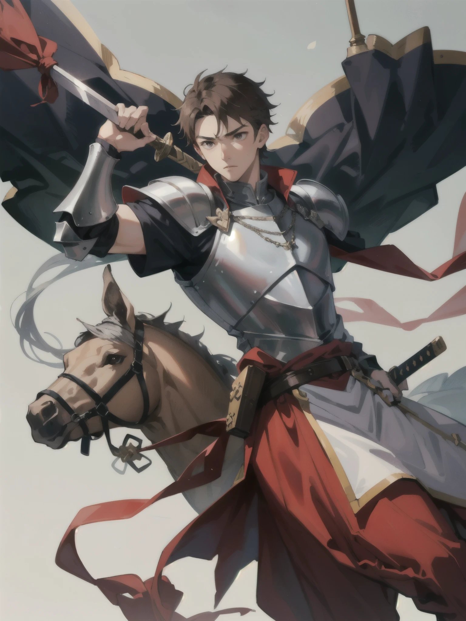 A -yeld tea boy swordsman, wears a sword, light skin tone, without a beard, without a goatee, no facial hair, no body hair, brown hair color, straight hair, pointed ears, medieval knight's silver armor, red clothes