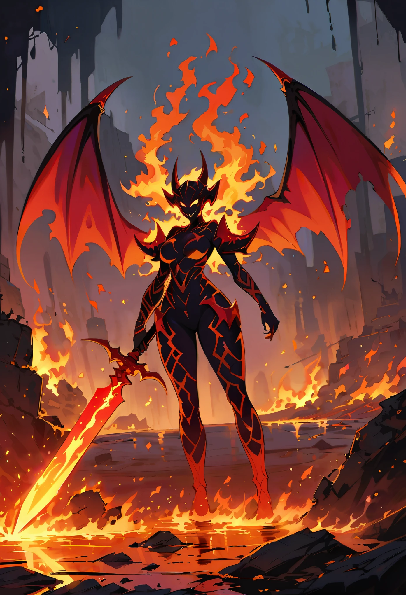 female Lava Demon,dark fantasy setting,red eyes,fiery Devil Wings,sharp horns,red Lava skin,ominous atmosphere,smoke and fire swirling around,Holding the Flame Sword,casting shadows, intense heat,crumbling ruins,Standing on the melting lava river,gloomy lighting,red and orange color palette,steaming hotness,consuming darkness,otherworldly power