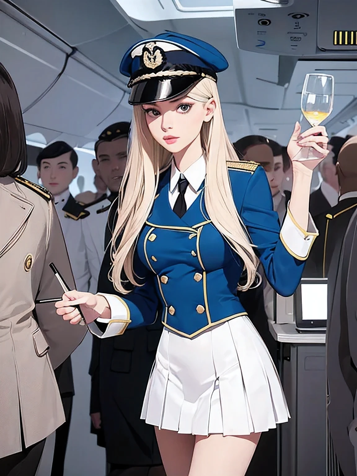 superflat, flat shading, flat colors, (masterpiece:1.2, best quality), a superb young woman, dressed as a sexy air hostess, (white military outfit), pleated skirt, military hat, ((on the plane:1.3))