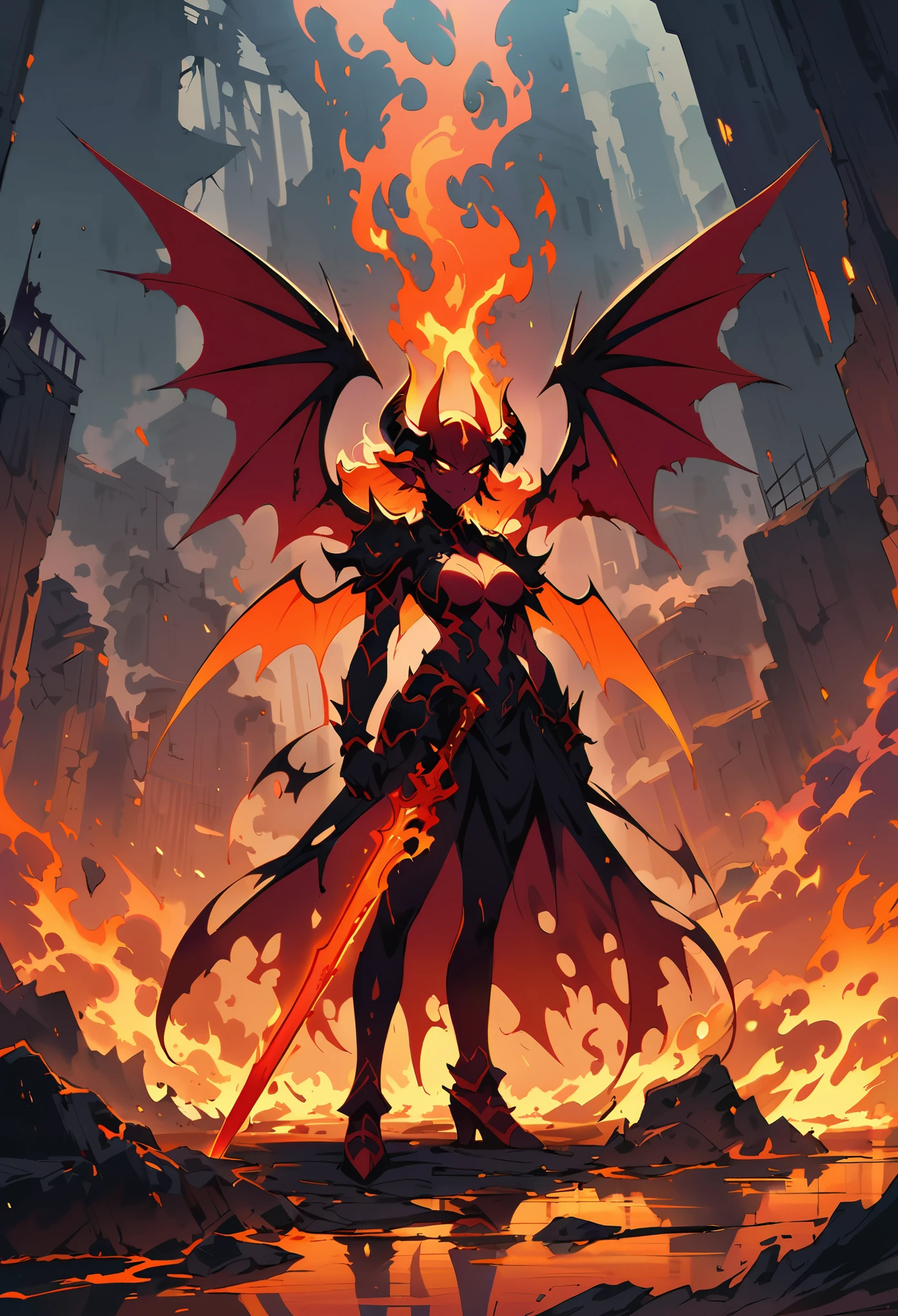 female Lava Demon,dark fantasy setting,red eyes,fiery Devil Wings,sharp horns,red Lava skin,ominous atmosphere,smoke and fire swirling around,Holding the Flame Sword,casting shadows, intense heat,crumbling ruins,Standing on the melting lava river,gloomy lighting,red and orange color palette,steaming hotness,consuming darkness,otherworldly power