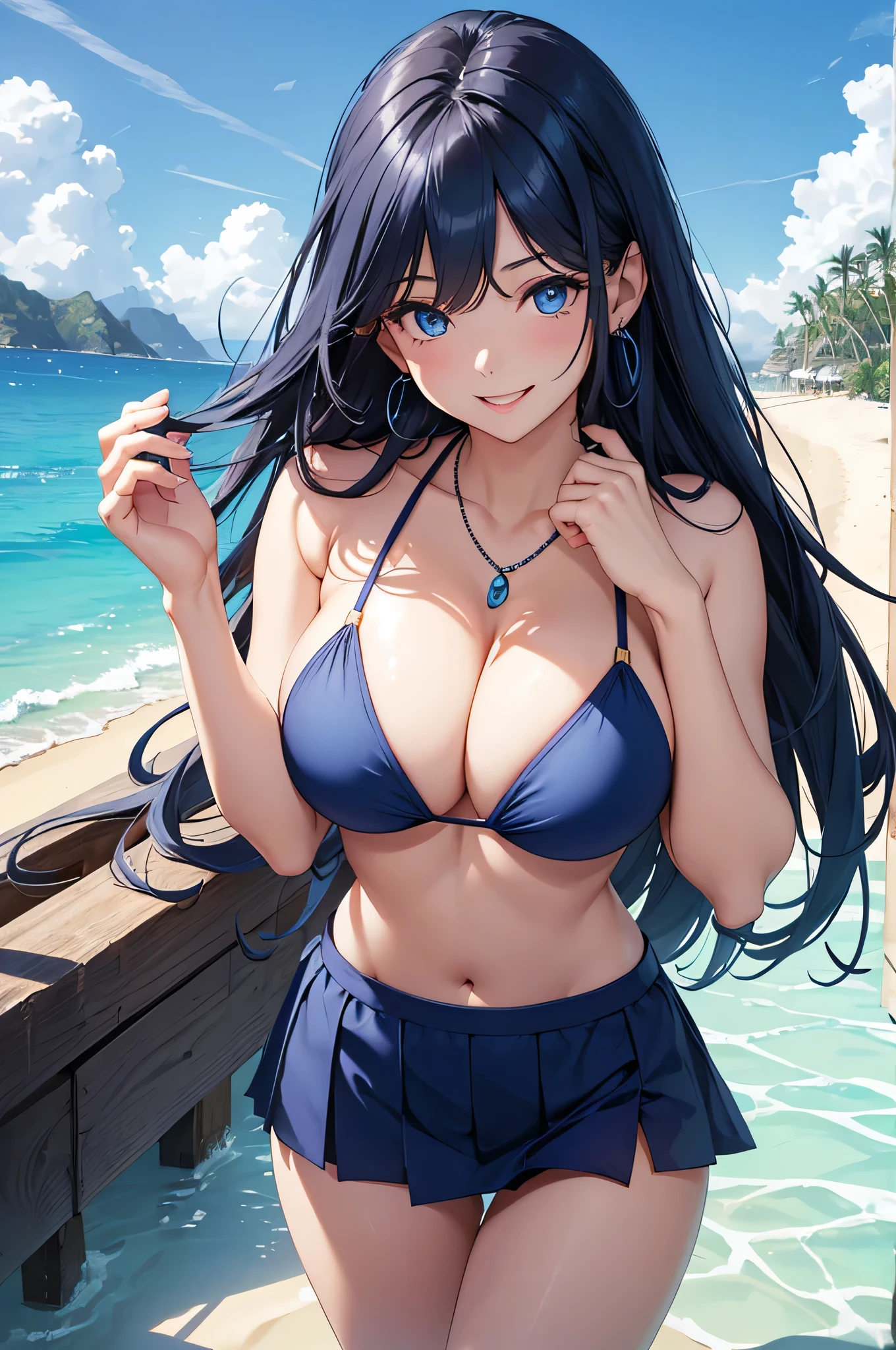 beautiful girl,Long dark blue hair ,blue eyes,Navy Blue Bikini、Big cleavage、(Big Breasts)、smile、blue necklace、Blue Earrings、background(Beach)、Sexy pose、Open your mouth wide、Navy Blue Skirt