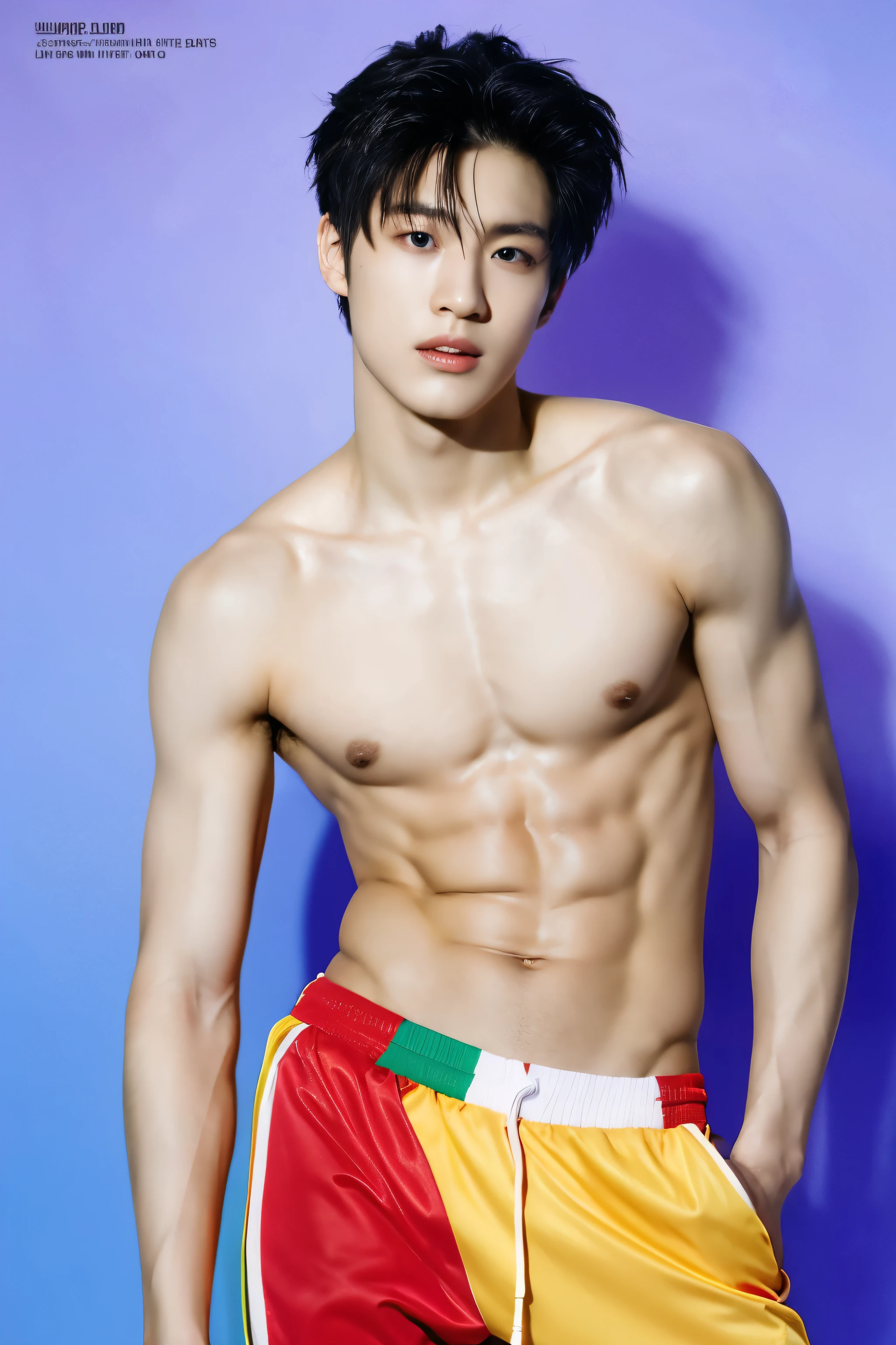 Full colorful studio light background and backdrop,magazine photo,sexy abs pose,no text,abs shirtless,shirtless monochromatic short suit,Handsome korean male,Center-parted hairstyle,a cassock,worship,angle tilted to the side,