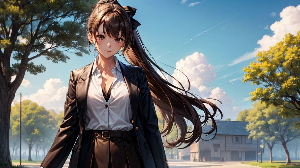 1girl, full body, solo, summer, village, trees, sun, clouds, ((brown hair)), ponytail, large breasts, ((black blazer)), button down shirt, ((white shirt)), ((unbuttoned shirt)), unbuttoning buttons, brown eyes, skirt, smile, looking at the viewer, standing, hair ribbon, golden necklate, shoulder bag 