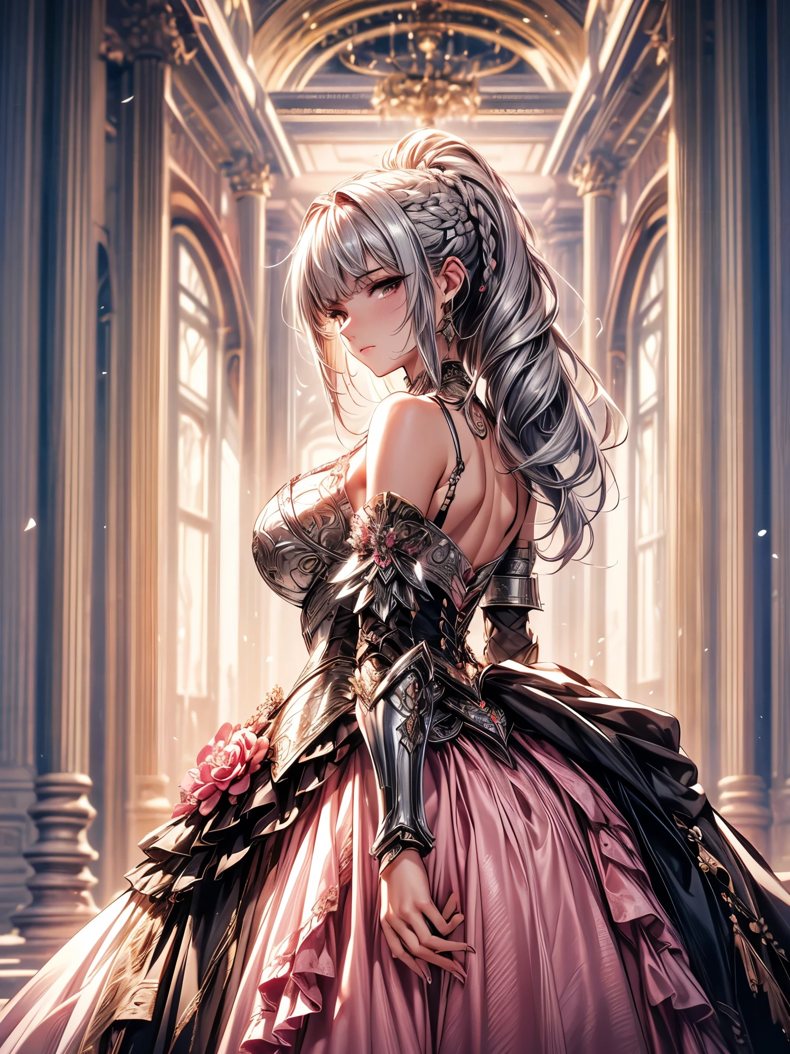 Miss, Serious, warrior, armor, elegant, Pink skirt, Noble, Silver, Long nails, Bare shoulders, hairstyle, hair, Braids and Ponytails, messy, arrogant, absurd, Detailed dress, royalties, celebration, Hall decorated with flowers, Cowboy shooting, portrait, (best quality), (masterpiece), (Very detailed), (4K), Octane Render