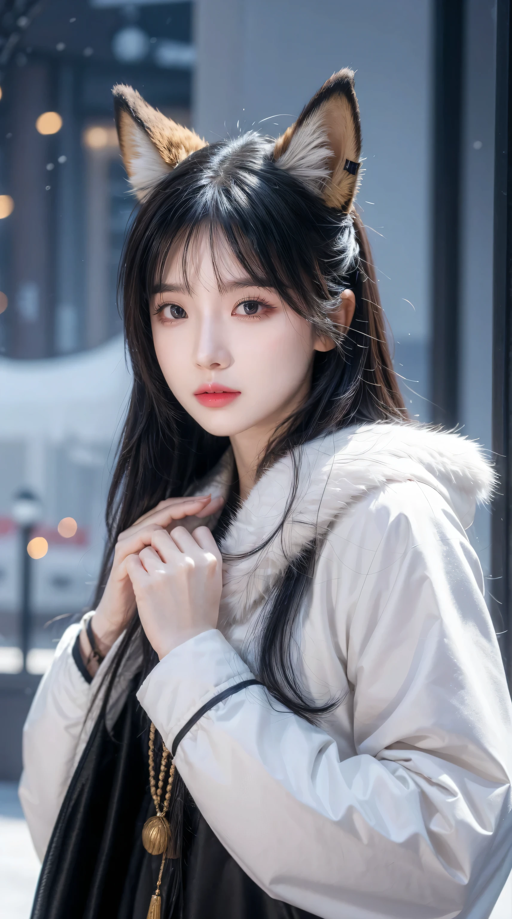 Ali, Ali_(alliance_of_legend), 1 Girl, absurd, animal_ear, Black_hair, Separation of_sleeve, distribution, face of_mark, fox_ear, fox_Tail, hand_up, high resolution, alliance_of_legend, 长of_hair, Snow suit, magic, variety of_Tails, White_Tails, orange_Eye, separate_Lips, Unique, permanent, Tail, 满of_Body, Put your hands behind your back