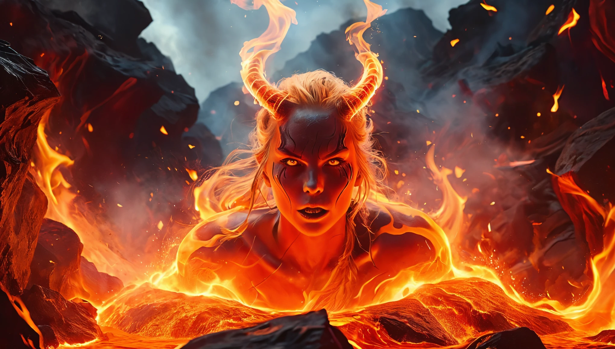 solo, 1girl, ((best quality)), ((masterpiece)), (detailed), 4k, very small goblin girl, bright red skin, pointy ears, fire hair, seductive expression, bright red eyes, nude, lying down in lava, floating in lava, on fire, flame skin, hair on fire, skin on fire, ruby jewelry, arm decorations, thigh decorations, smoldering eyes, fire hair, sexy, horny, small breasts, visible nipples