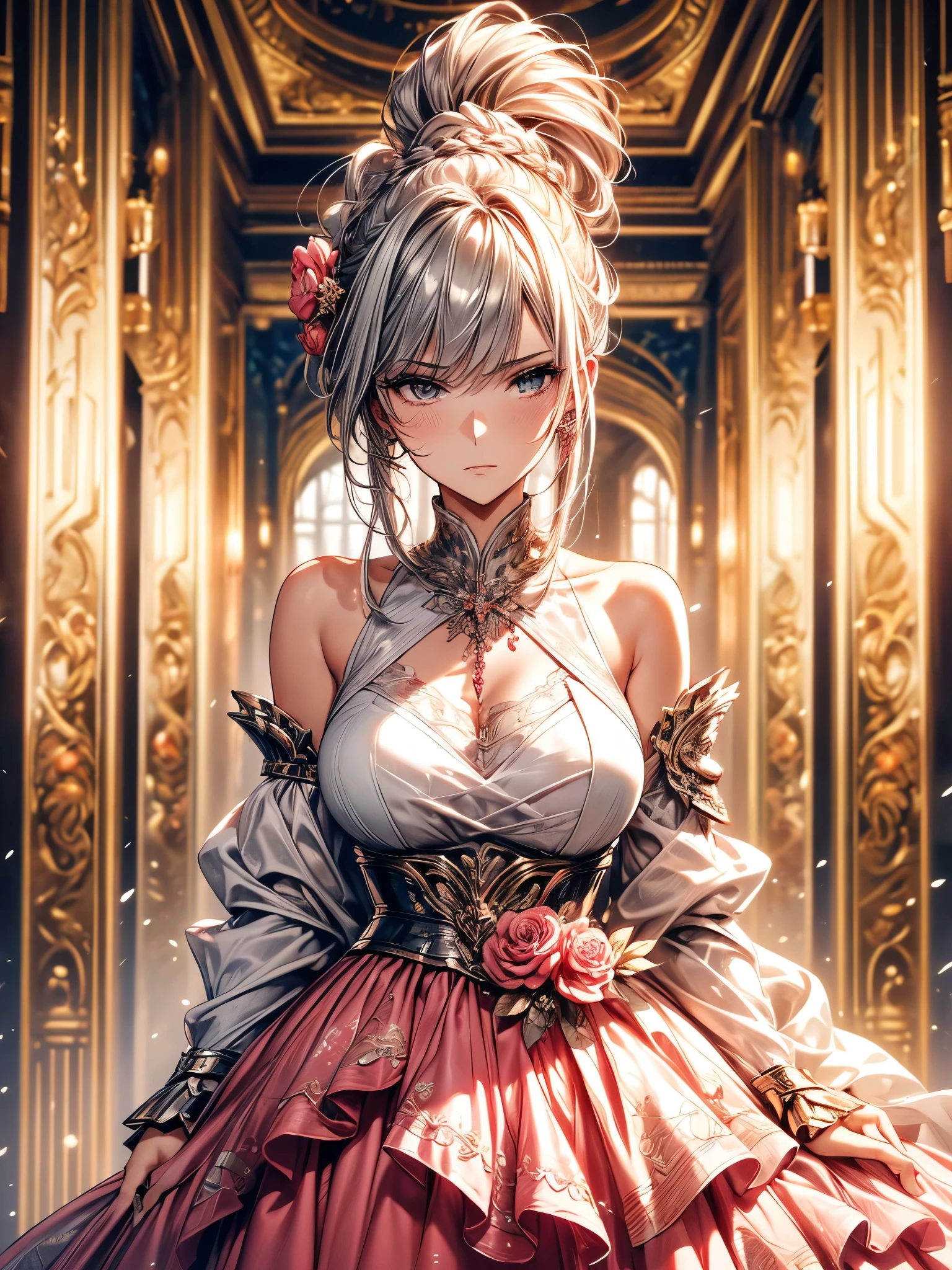 Miss, Serious, warrior, armor, elegant, Pink skirt, Noble, Silver, Long nails, Bare shoulders, hairstyle, hair, Braids and Ponytails, messy, arrogant, absurd, Detailed dress, royalties, celebration, Colorful glitter surrounds the body, Hall decorated with flowers, Cowboy shooting, portrait, (best quality), (masterpiece), (Very detailed), (4K), Octane Render