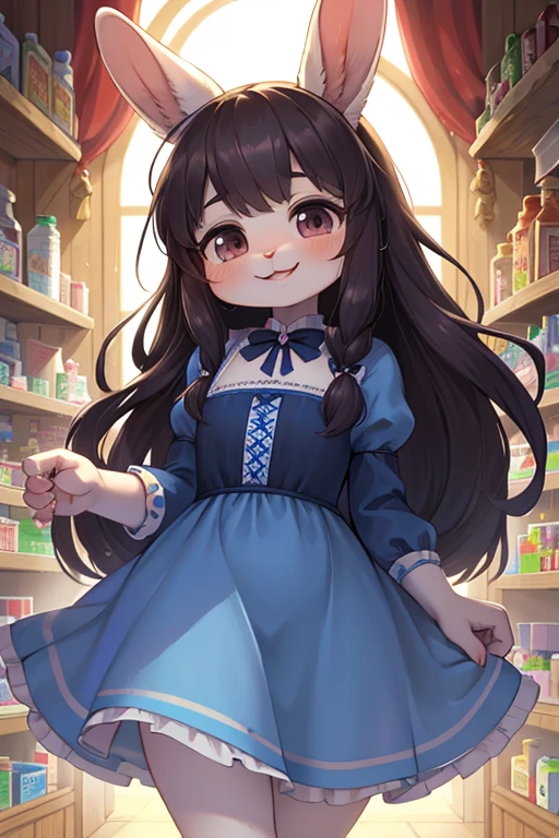 fun fun Pharmacy, hairy rabbit mom , bare realistic hairy rabbit legs , round face , (tilt face:1.1) , (half-open eyes:1.2) , moist round eyes , Swollen cheeks , dark color hair , long hair , lively smile , glossy lips , light color gothic dress , world of Alice in Wonderland , Hair fluttering in the wind , (with Characters from Alice in Wonderland)