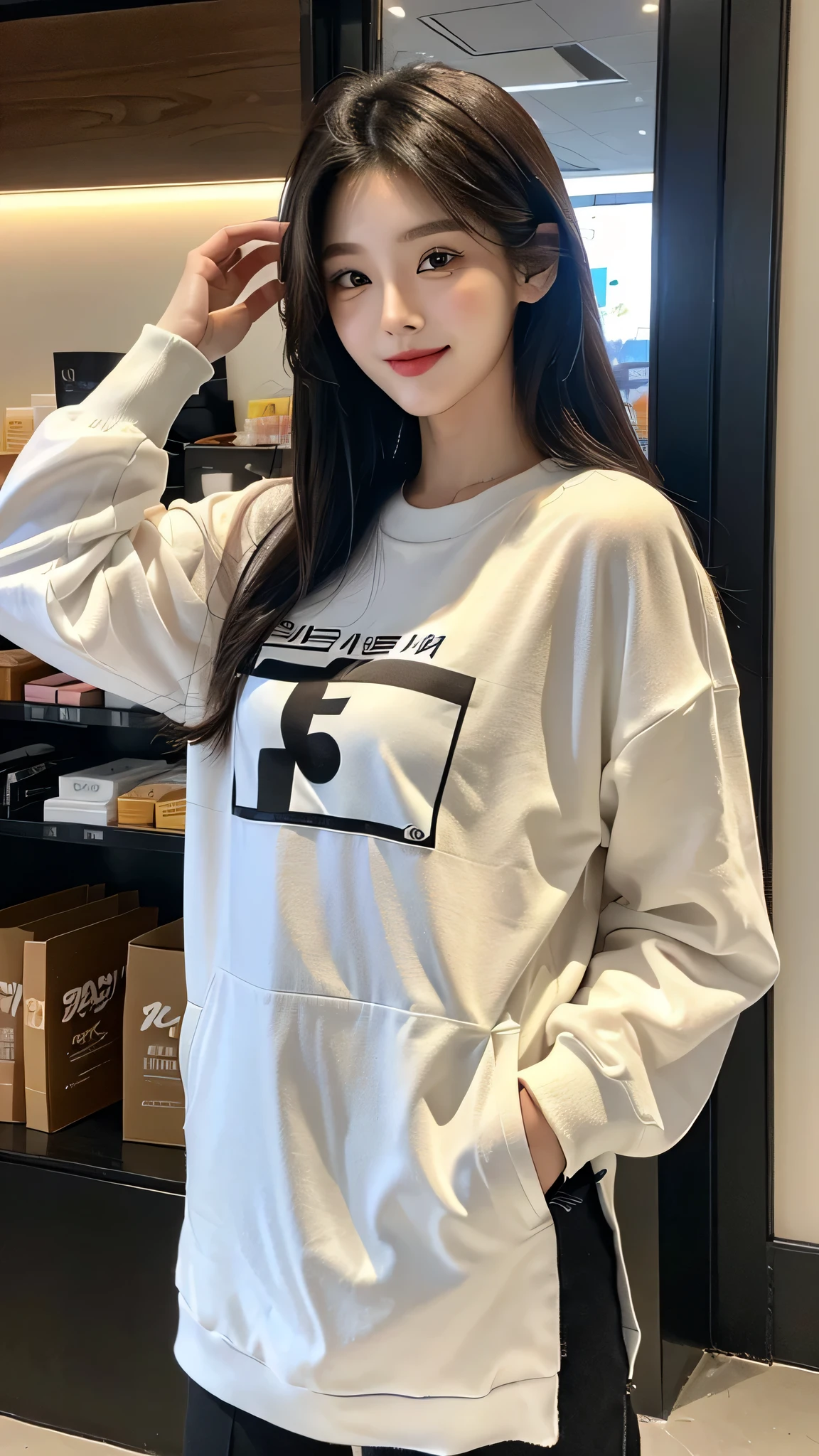 masterpiece、top-quality)、1 beutiful girl、Slim body、((Black and white plain clothes:1.1))、(Detailed beautiful eyes)、Walk around the store、((Boyish Brown Medium Hair))、((Smaller face))、((Neutral face))、((Face seen from the side))、((Light brown eyes))、((Korean Girl))、((18year old))、((cool lady))、((A shy smile on his face))、((Korean Makeup))、((elongated and sharp eyes))、((Happy dating))、((looking distantly))、((boyish))、((Shot from the same height as your face))、((Shorter than viewer))、((She is running ahead of the viewer))、((Hold your mouth with your hand))
