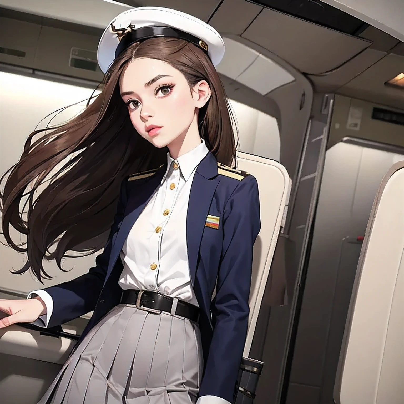 Arafed woman in uniform sitting on a plane with a laptop - SeaArt AI