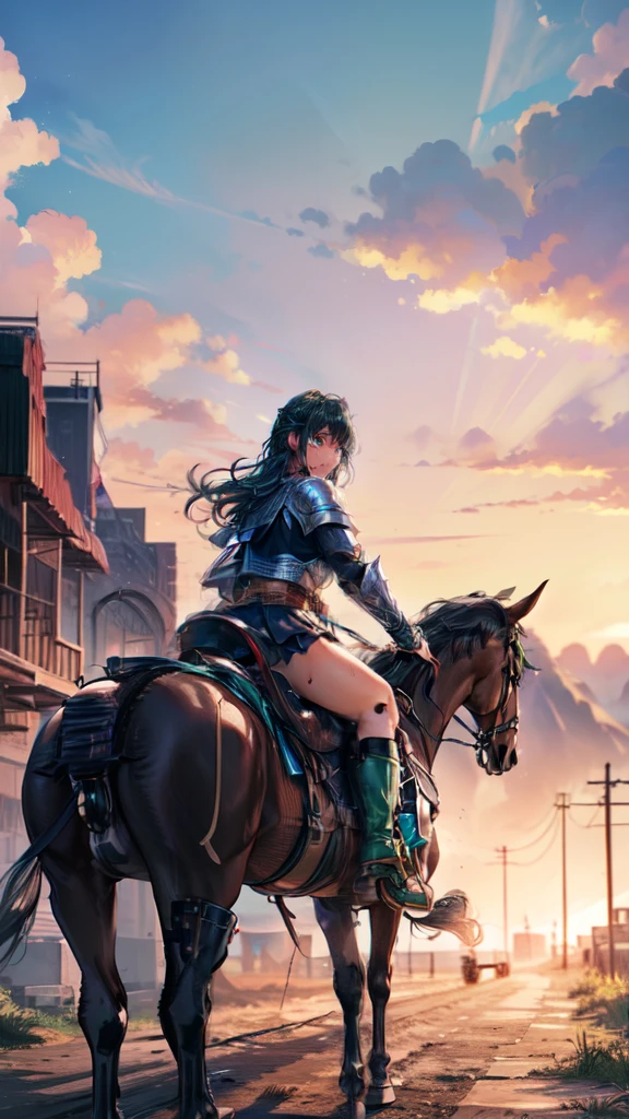 ((best quality)), ((anime masterpiece)), (detailed), cinematic lighting, vivid color, 8k, perfect face, medium breast, a female knight riding a walking black horse on desert, (medium hair, hair, above shoulder,{green hair}, green armor, blue miniskirt, blue boots, sweating face), (black horse {black hair}, saddle, stirups, reins: 1.5)++, heat, scenery, from side: 1.5, perfect anatomically,
