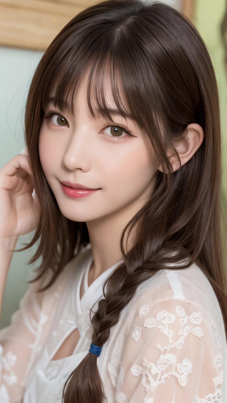 top-quality,fullbody shot,,super high resolution,(Realistic:1.4),Raw photography, 

masutepiece, best, Night, fullmoon, 1 female, Mature Woman, Chinese style, Ancient China, Older sister, Royal sister, Smile, dark brown hair, Dark hair, Princess Cut, braid, Curly hair, Double ball head, pale pink lips, Calm, Intellectual, Medium Hair, green pupils, Hairpin, hydrangeas, Delicate face,  Hand close-up,random cute pose