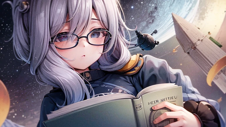 crie uma imagem de uma garota astronauta olhando para um livro, floating in space and reading a book, She is wearing glasses and looking at the book, tem alguns livros e materiais escolares flutuando a sua volta, there is a spaceship right at the bottom of the image with several planets and stars.