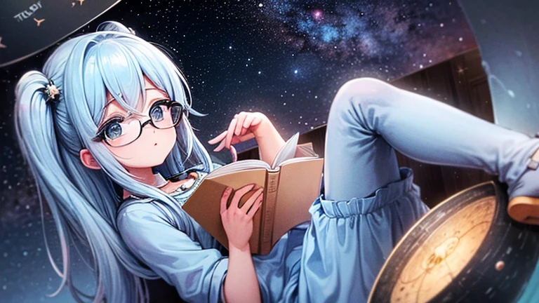 crie uma imagem de uma garota astronauta olhando para um livro, floating in space and reading a book, She is wearing glasses and looking at the book, tem alguns livros e materiais escolares flutuando a sua volta, there is a spaceship right at the bottom of the image with several planets and stars.