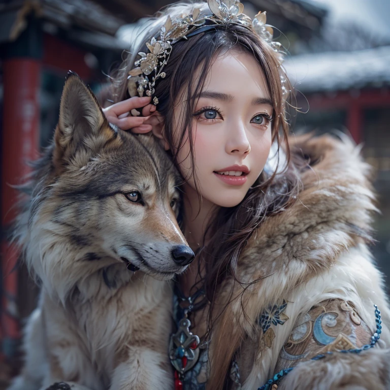 Hide in the snow mountain、Hair flows、 ((highest quality、masterpiece、8k、best image quality、ultra high resolution、Award-winning work)、(accurate anatomy:1.1)、(look at me and smile:1.1)、Shining fair skin with ultra high resolution、most detailed face、ultra high resolution detailed face、ultra high resolutionの髪の毛、(ultra high resolutionの煌めく瞳:1.1)、Beautiful face drawn in every detail、(blurred background:1.1)、ancient Inuit clothing, chest together, tattoo, Old ruins in the background、real wolf aside