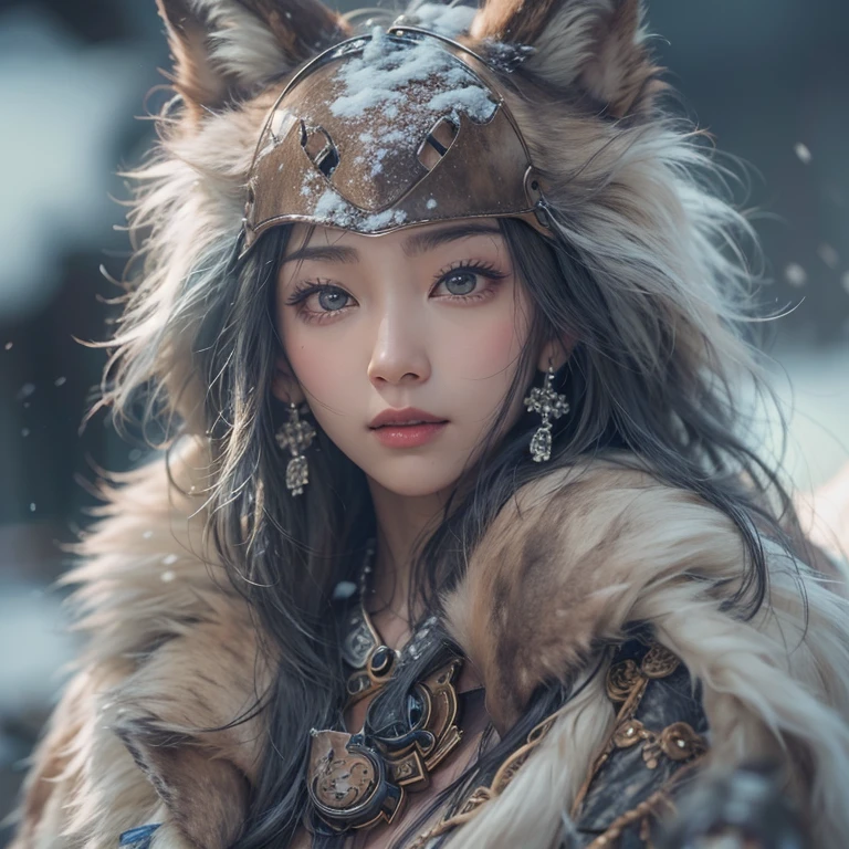 Hide in the snow mountain、Hair flows、 ((highest quality、masterpiece、8k、best image quality、ultra high resolution、Award-winning work)、(accurate anatomy:1.1)、(look at me and smile:1.1)、Shining fair skin with ultra high resolution、most detailed face、ultra high resolution detailed face、ultra high resolutionの髪の毛、(ultra high resolutionの煌めく瞳:1.1)、Beautiful face drawn in every detail、(blurred background:1.1)、ancient Inuit clothing, chest together, tattoo, Old ruins in the background、real wolf aside