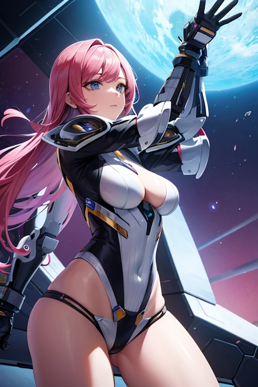 Create a woman who uses high-tech robotic armor on a spaceship.