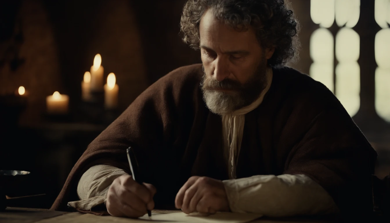 
50-year-old man, curly hair and beard, 15th century cotton clothes, writing a letter